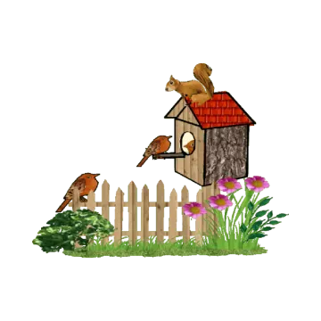an illustration of a bird house with a squirrel on the roof