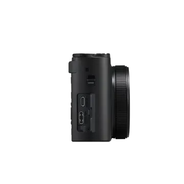 a black camera with a white background