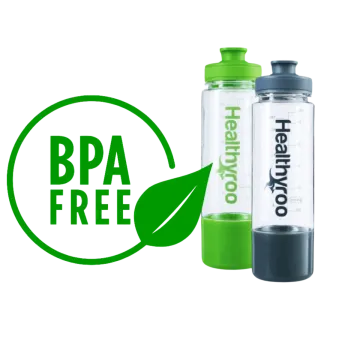 a water bottle with a green lid and a black cap