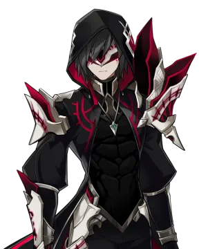 an anime character with black hair and red eyes, standing on a white background