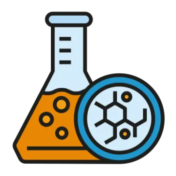 a laboratory flask with an orange and blue substance