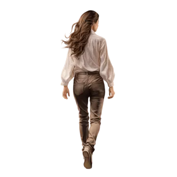 a woman in a white shirt and brown pants