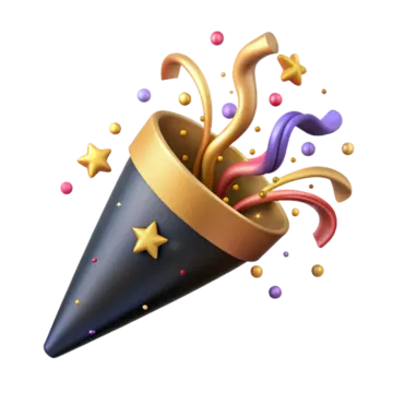 a party hat with colorful streams and stars