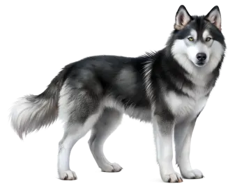 a black and white dog standing in front of a white background