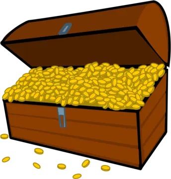 a wooden box filled with gold coins