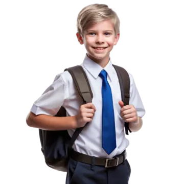 a young boy wearing a blue tie and suspends