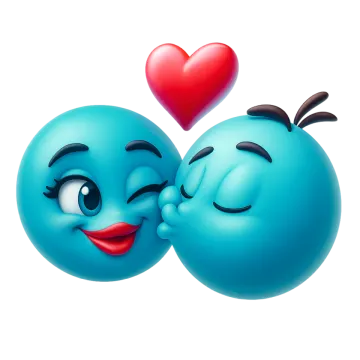two blue birds kissing with a red heart