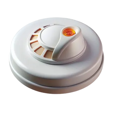 a white smoke detector with an orange flame