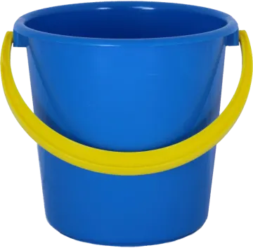 a blue plastic bucket with yellow handles