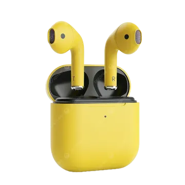 a pair of yellow airpodss on white background