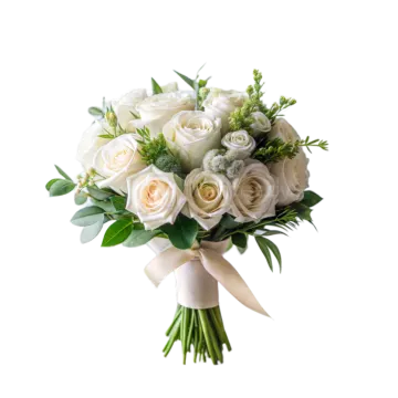 a bouquet of white roses and greene