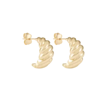 a pair of gold earrings on a white background