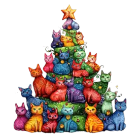 a christmas tree with many cats around it