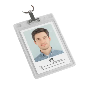 a clear plastic id badge with a red lan