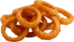 a pile of onion rings on a white background