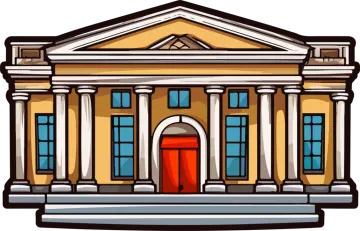 a building with columns and a red door