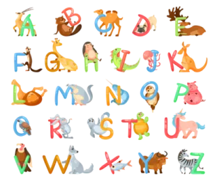 a set of alphabets with different animals