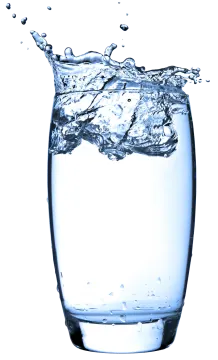 a glass filled with water on a white background
