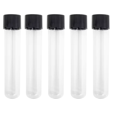 a set of three clear bottles with black caps