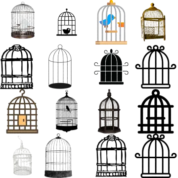a set of bird cages on transparent background