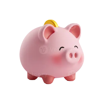 a pink pig with a gold coin in its mouth