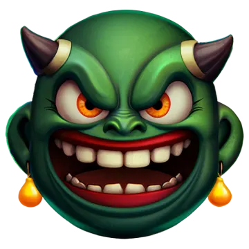 a green monster with horns and orange eyes
