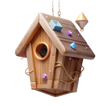 a wooden birdhouse hanging on a chain