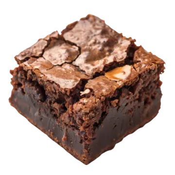 a piece of chocolate brownie on a white background