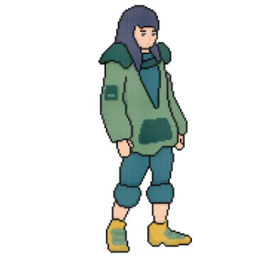 a pixel art of a person wearing a green jacket and boots