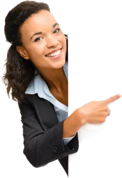 a woman pointing at the corner of a white board