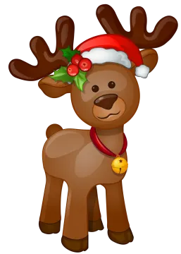 a reindeer wearing a santa hat and holding a bell