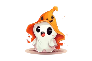 a cute little ghost with an orange hat on his head