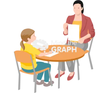 a woman sitting at a table talking to a child