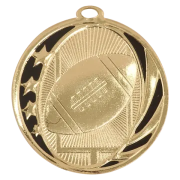 a gold medal with a black and white design