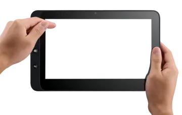 two hands holding a tablet with a white screen