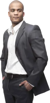 a man in a black suit and white shirt