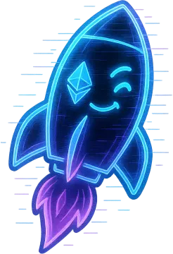 a blue and purple rocket with a smiling face