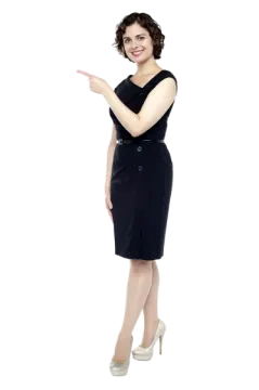 a woman in a black dress pointing at something