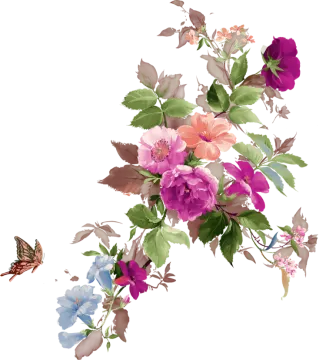 a bunch of flowers with leaves and butterflies