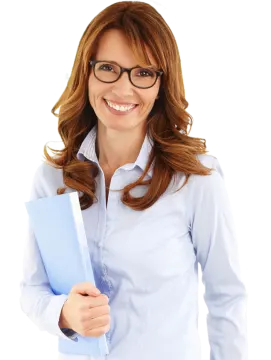 a woman wearing glasses and holding a folder