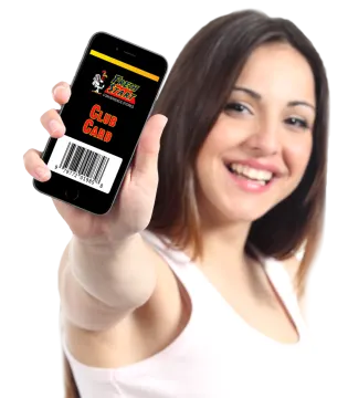 a woman holding a cell phone with a barcode on it