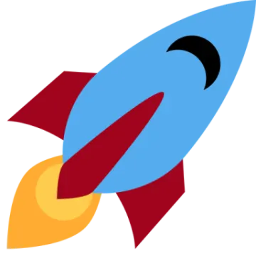 a blue and red rocket with an orange tail
