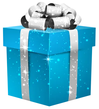 a blue gift box with white ribbon and bow