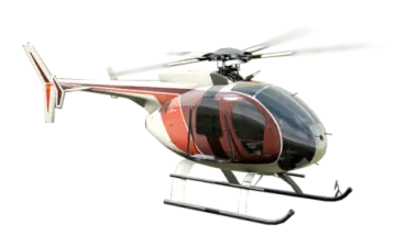 a red and white helicopter flying through the air