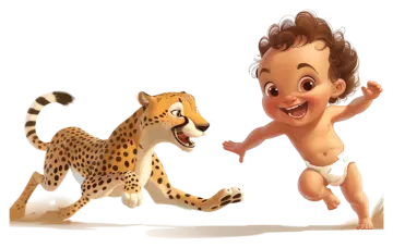 a baby running next to a leopard