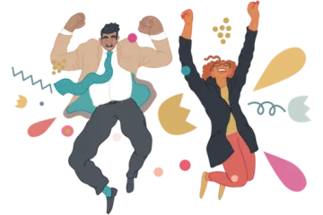 two people jumping in the air with their arms up