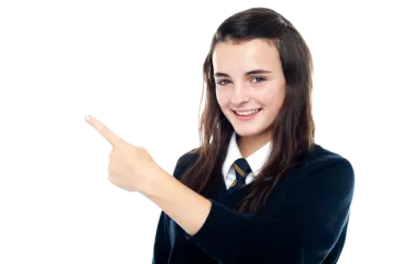a woman in a black sweater pointing at something