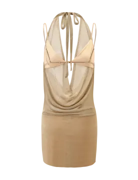 the back of a beige dress with straps