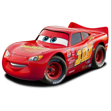 a red toy car with a smiling face