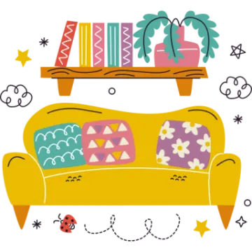 an illustration of a couch with books on it
